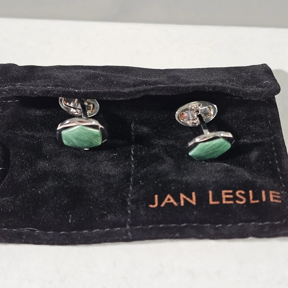 Jan Leslie Cufflinks Mens OS Green Sterling Silver‎ 925 Hexagon Stone Inlay